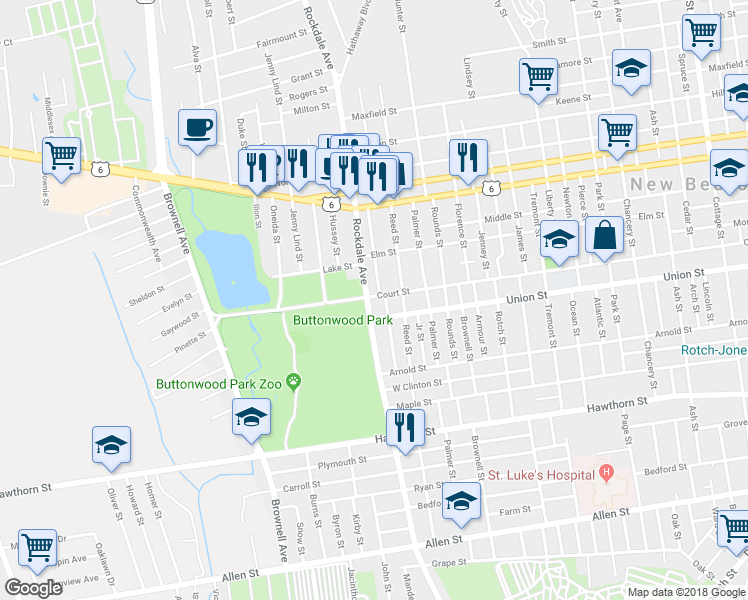 map of restaurants, bars, coffee shops, grocery stores, and more near 722 Rockdale Avenue in New Bedford