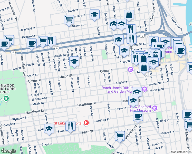 map of restaurants, bars, coffee shops, grocery stores, and more near 82 Chancery Street in New Bedford