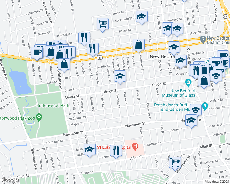 map of restaurants, bars, coffee shops, grocery stores, and more near 524 Union Street in New Bedford