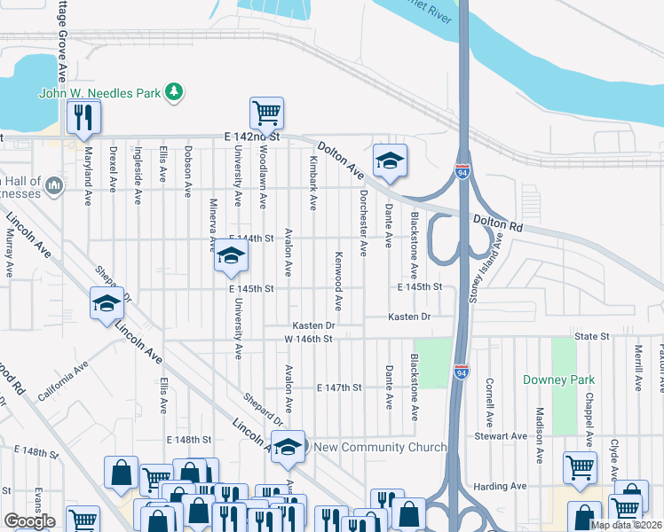map of restaurants, bars, coffee shops, grocery stores, and more near 14428 Kenwood Ave in Dolton