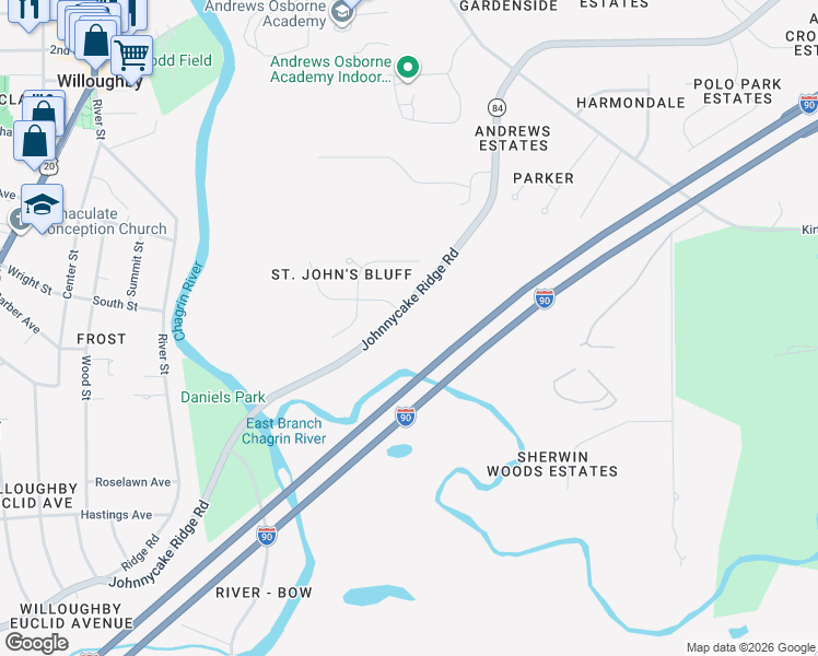 map of restaurants, bars, coffee shops, grocery stores, and more near 38660 Johnnycake Ridge Rd in Willoughby