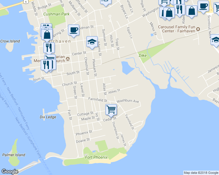 map of restaurants, bars, coffee shops, grocery stores, and more near 10 Lawton Street in Fairhaven