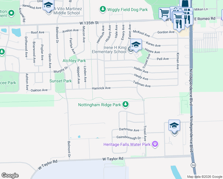 map of restaurants, bars, coffee shops, grocery stores, and more near 417 Hamrick Avenue in Romeoville