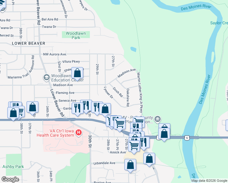map of restaurants, bars, coffee shops, grocery stores, and more near 3914 Dosh Road in Des Moines