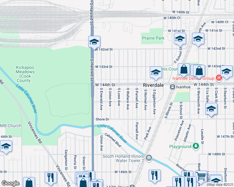 map of restaurants, bars, coffee shops, grocery stores, and more near 14420 South Lowe Avenue in Riverdale