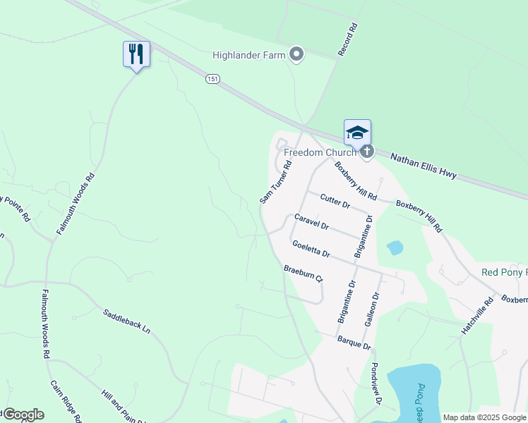 map of restaurants, bars, coffee shops, grocery stores, and more near 293 Sam Turner Road in Falmouth
