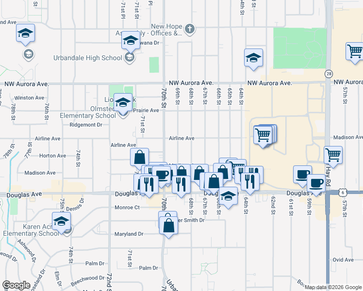 map of restaurants, bars, coffee shops, grocery stores, and more near 3919 69th Street in Urbandale