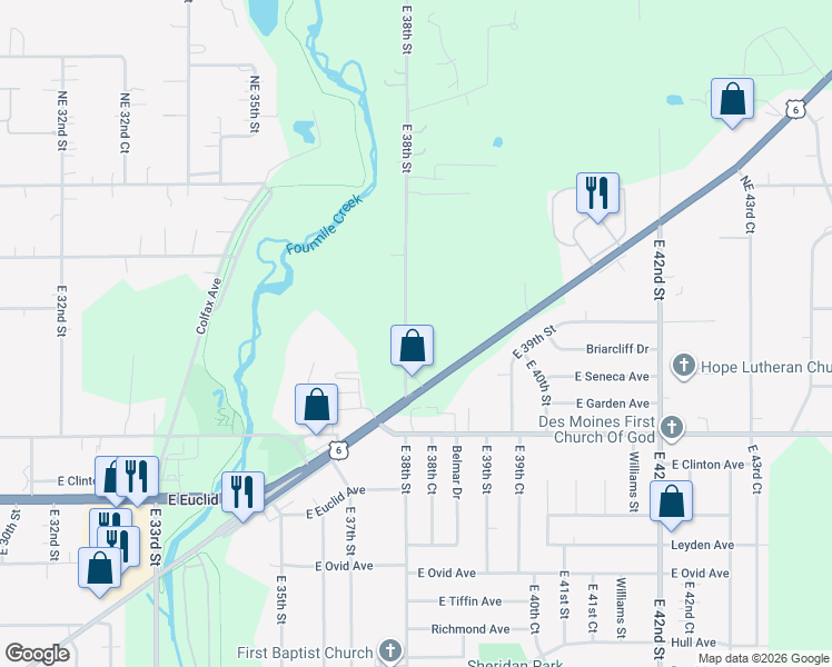 map of restaurants, bars, coffee shops, grocery stores, and more near 3901 East 38th Street in Des Moines