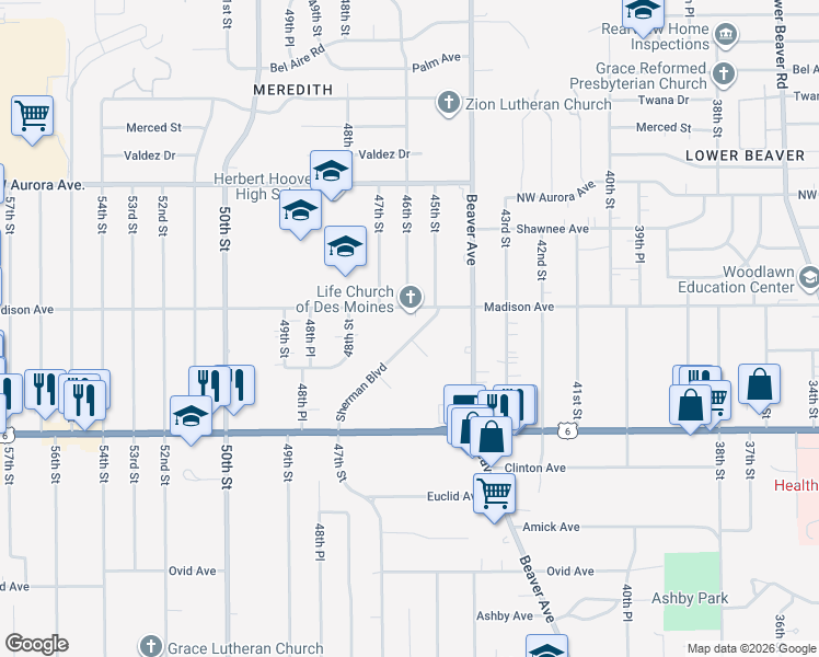 map of restaurants, bars, coffee shops, grocery stores, and more near 3928 Sherman Boulevard in Des Moines