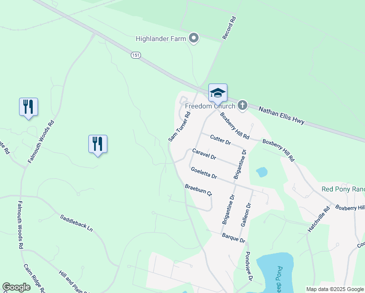 map of restaurants, bars, coffee shops, grocery stores, and more near 293 Sam Turner Road in Falmouth