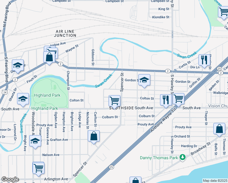 map of restaurants, bars, coffee shops, grocery stores, and more near 1425 Walbridge Avenue in Toledo