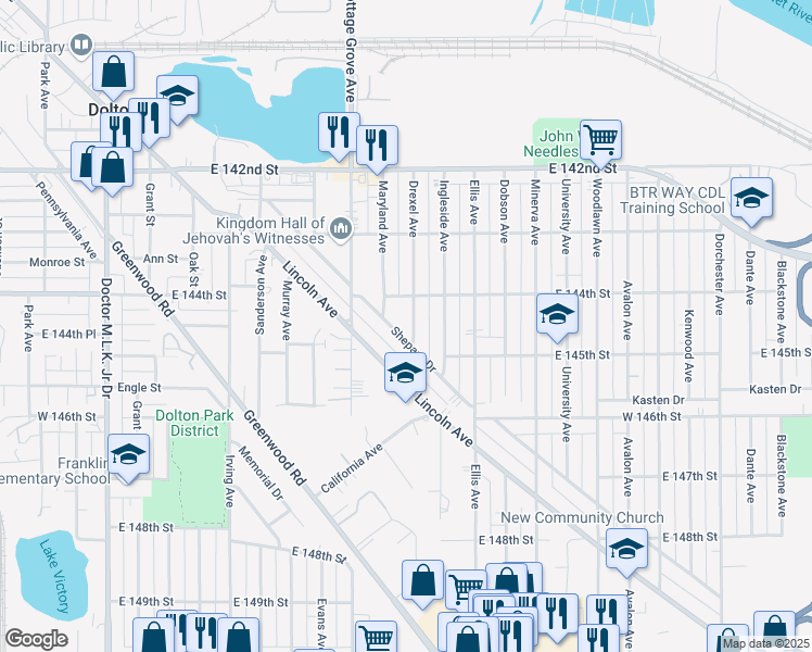 map of restaurants, bars, coffee shops, grocery stores, and more near 14424 Drexel Avenue in Dolton
