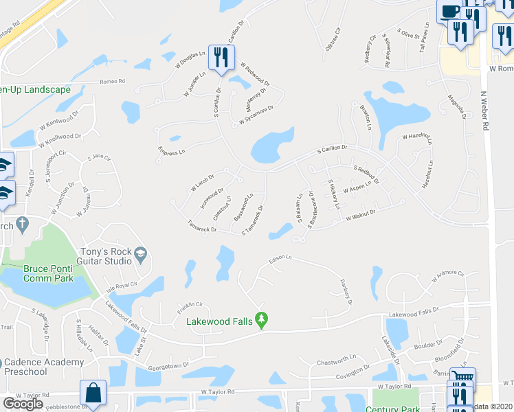 map of restaurants, bars, coffee shops, grocery stores, and more near 13756 South Tamarack Drive in Plainfield