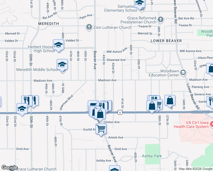 map of restaurants, bars, coffee shops, grocery stores, and more near 3935 43rd Street in Des Moines