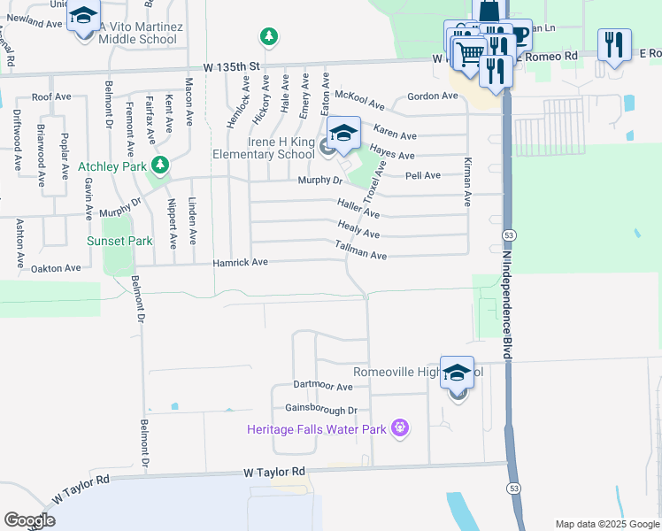 map of restaurants, bars, coffee shops, grocery stores, and more near 305 Hamrick Avenue in Romeoville