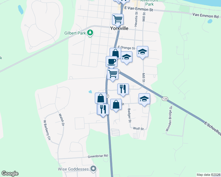 map of restaurants, bars, coffee shops, grocery stores, and more near 101 Colonial Parkway in Yorkville