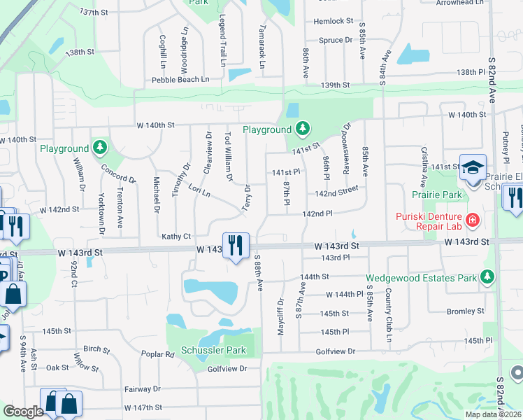 map of restaurants, bars, coffee shops, grocery stores, and more near 14230 88th Avenue in Orland Park