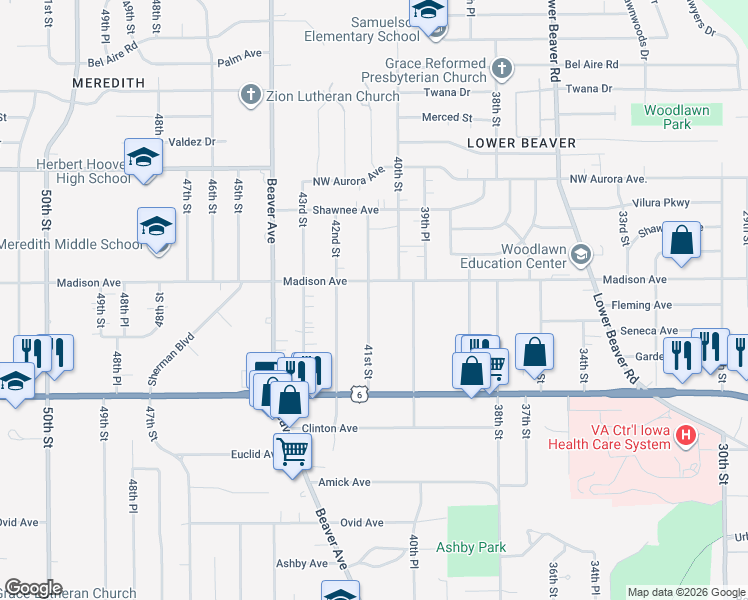 map of restaurants, bars, coffee shops, grocery stores, and more near 3933 41st Street in Des Moines