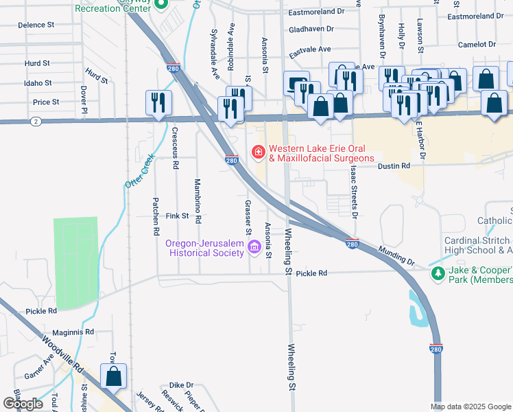 map of restaurants, bars, coffee shops, grocery stores, and more near 1015 Grasser Street in Oregon