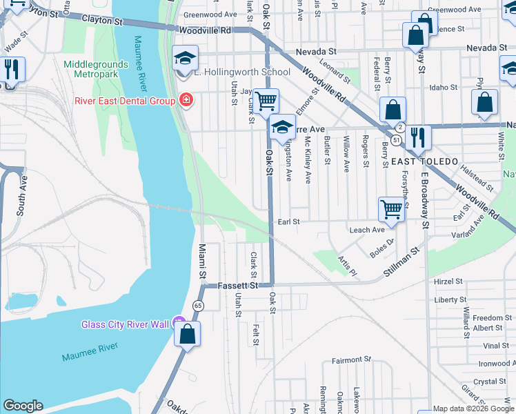 map of restaurants, bars, coffee shops, grocery stores, and more near 961 Clark Street in Toledo