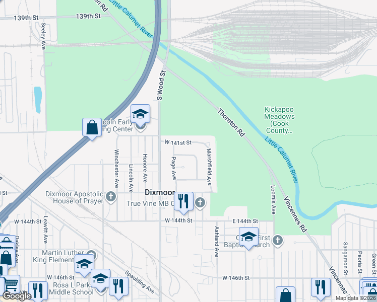map of restaurants, bars, coffee shops, grocery stores, and more near 37 Circle Drive in Dixmoor