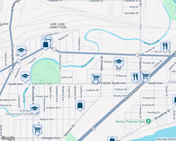 map of restaurants, bars, coffee shops, grocery stores, and more near 1463 Walbridge Avenue in Toledo