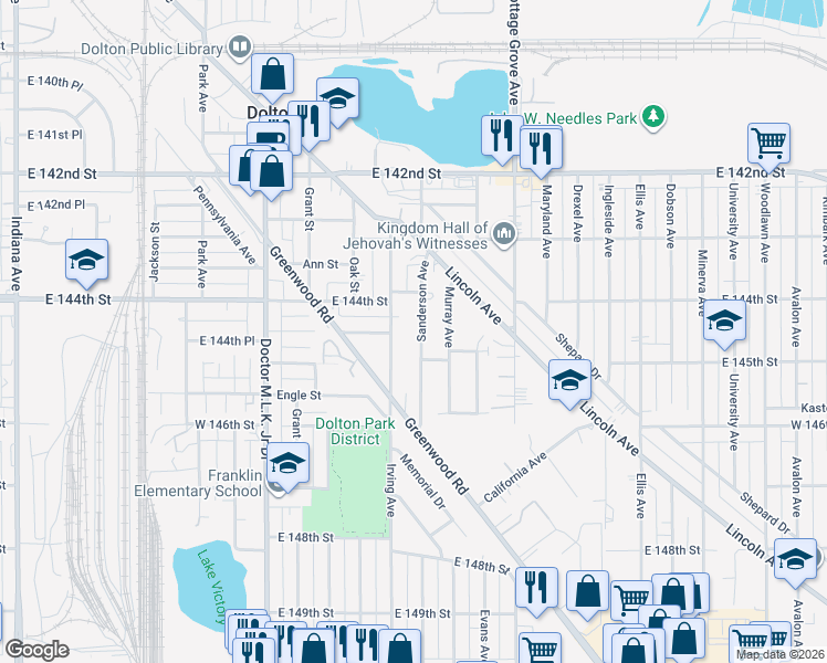 map of restaurants, bars, coffee shops, grocery stores, and more near 14429 Sanderson Avenue in Dolton