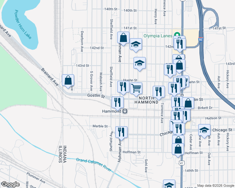 map of restaurants, bars, coffee shops, grocery stores, and more near 4442 Hohman Ave in Hammond