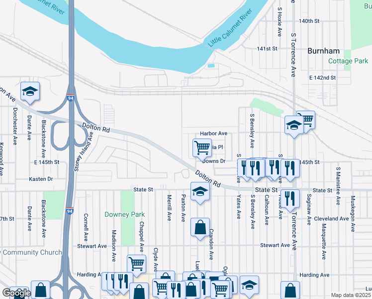 map of restaurants, bars, coffee shops, grocery stores, and more near 91 Paxton Avenue in Calumet City