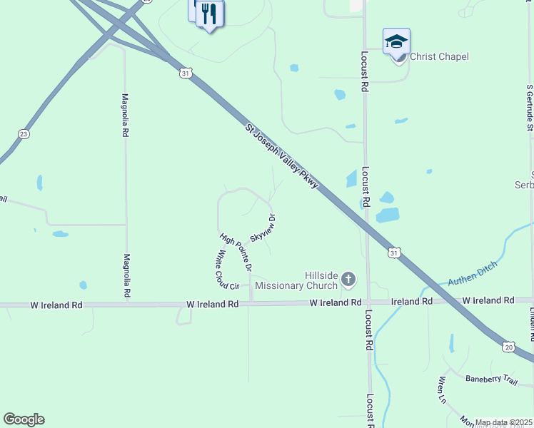 map of restaurants, bars, coffee shops, grocery stores, and more near 59225 Skyview Drive in South Bend