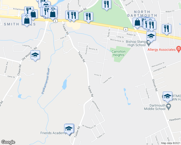 map of restaurants, bars, coffee shops, grocery stores, and more near 1271 Tucker Road in Dartmouth