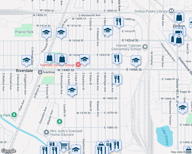 map of restaurants, bars, coffee shops, grocery stores, and more near 14420 South Wabash Avenue in Riverdale