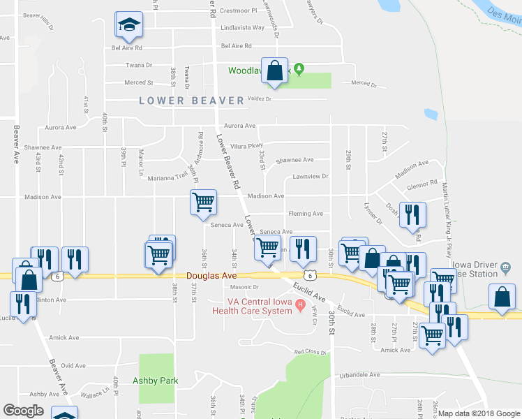 map of restaurants, bars, coffee shops, grocery stores, and more near 3301 Fleming Avenue in Des Moines