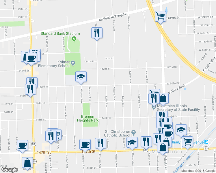 map of restaurants, bars, coffee shops, grocery stores, and more near 14301 Kolin Avenue in Midlothian