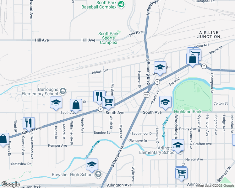 map of restaurants, bars, coffee shops, grocery stores, and more near 2115 Dana Street in Toledo