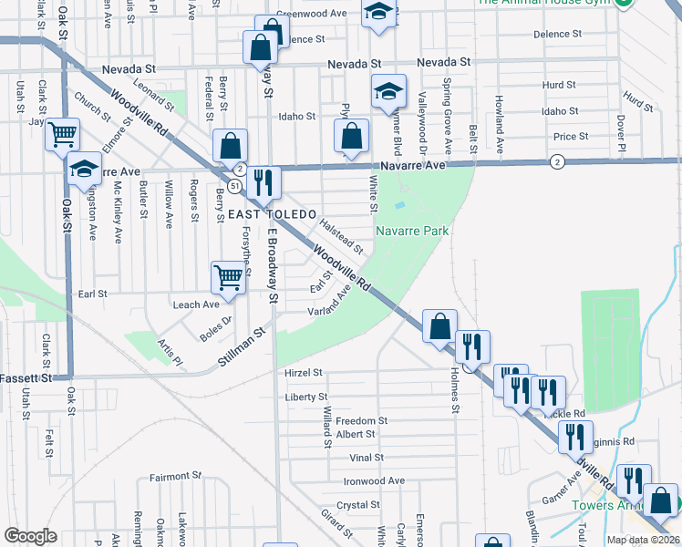 map of restaurants, bars, coffee shops, grocery stores, and more near 1204 Woodville Road in Toledo