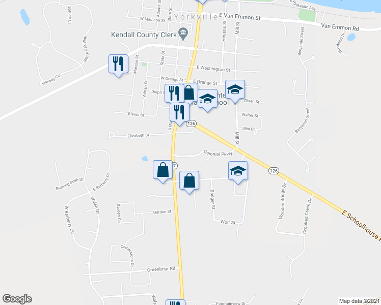map of restaurants, bars, coffee shops, grocery stores, and more near 105 Colonial Parkway in Yorkville