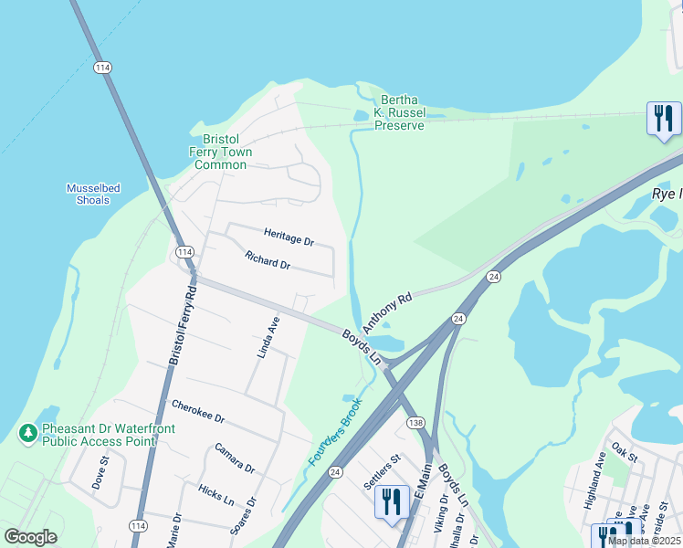 map of restaurants, bars, coffee shops, grocery stores, and more near 204 Heritage Drive in Portsmouth