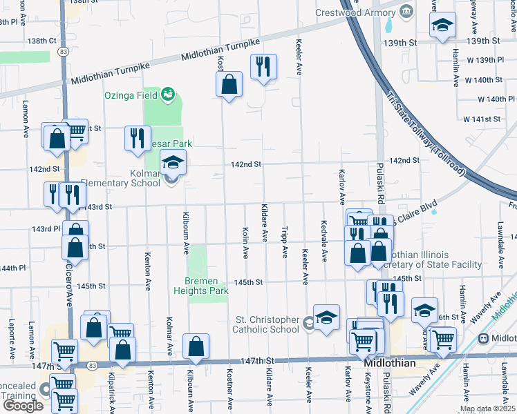 map of restaurants, bars, coffee shops, grocery stores, and more near 14301 Kolin Avenue in Midlothian