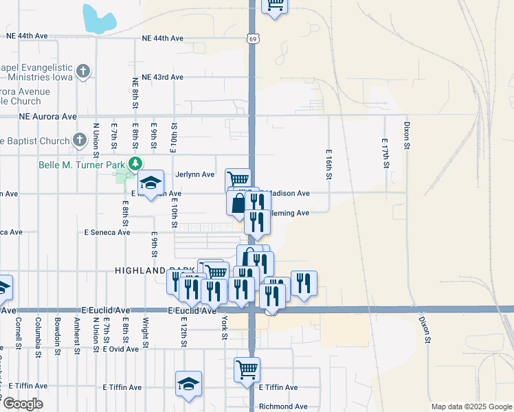 map of restaurants, bars, coffee shops, grocery stores, and more near 3929 East 14th Street in Des Moines