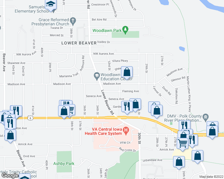 map of restaurants, bars, coffee shops, grocery stores, and more near 3221 Fleming Avenue in Des Moines
