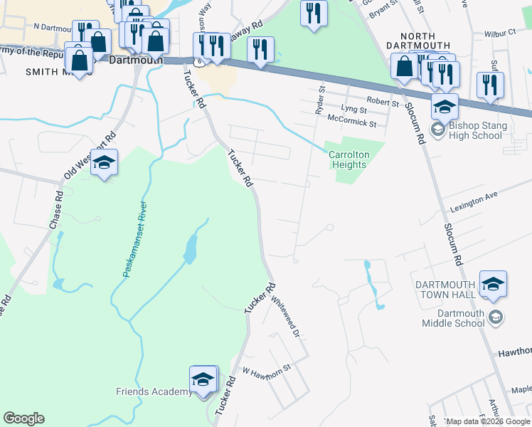 map of restaurants, bars, coffee shops, grocery stores, and more near 1271 Tucker Road in Dartmouth