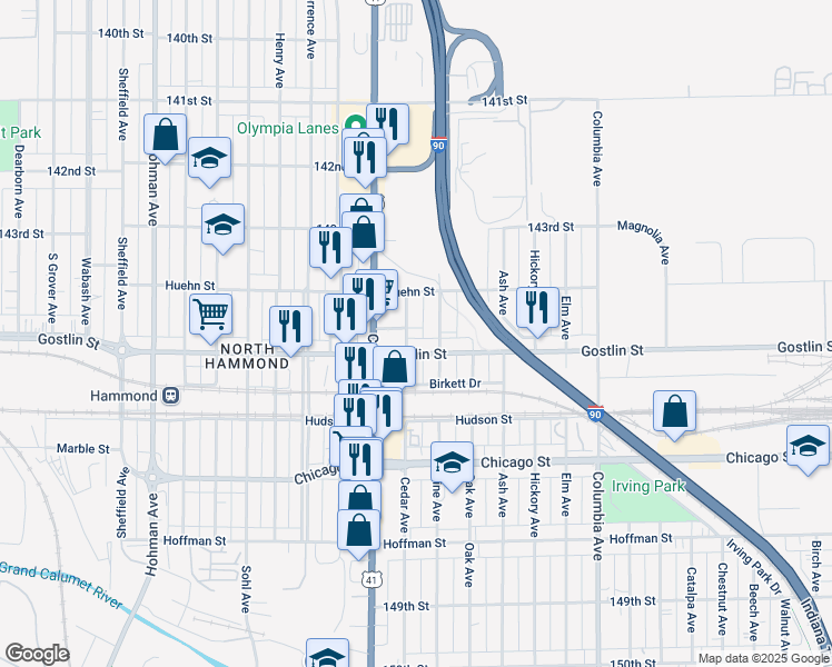 map of restaurants, bars, coffee shops, grocery stores, and more near 4435 Cedar Ave in Hammond