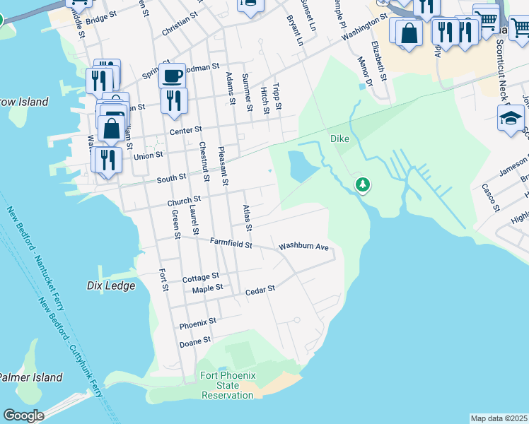 map of restaurants, bars, coffee shops, grocery stores, and more near 10 Lawton Street in Fairhaven