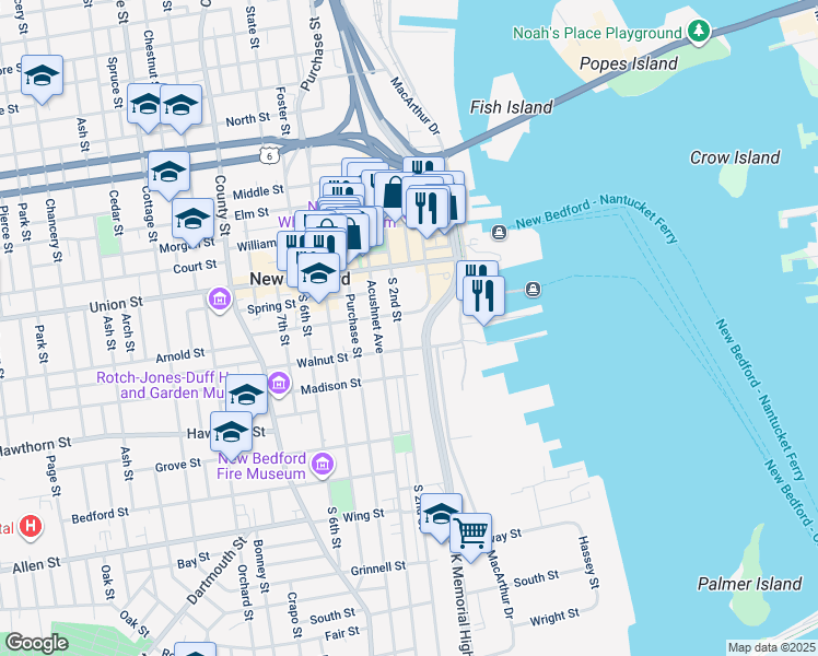 map of restaurants, bars, coffee shops, grocery stores, and more near 48-60 South 2nd Street in New Bedford