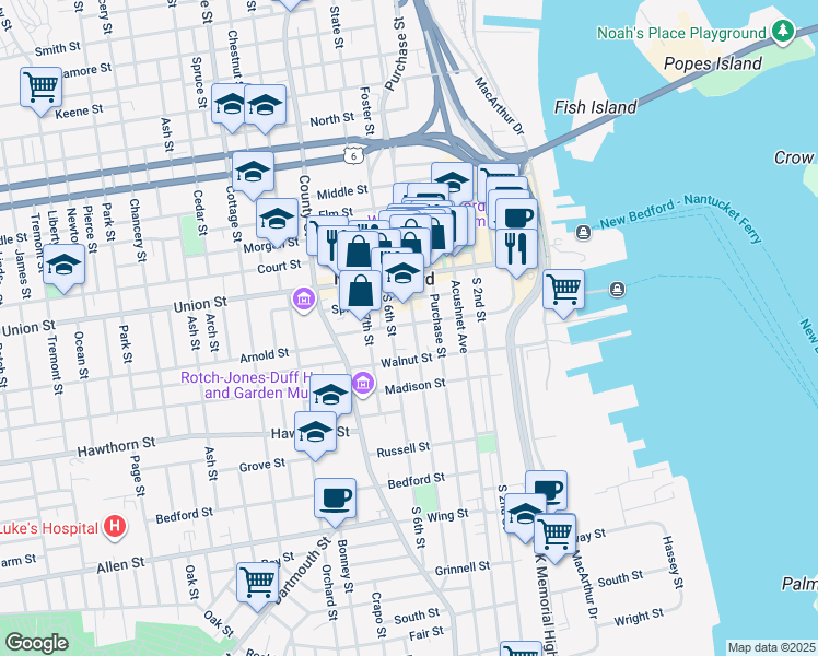 map of restaurants, bars, coffee shops, grocery stores, and more near 436-444 Pleasant Street in New Bedford