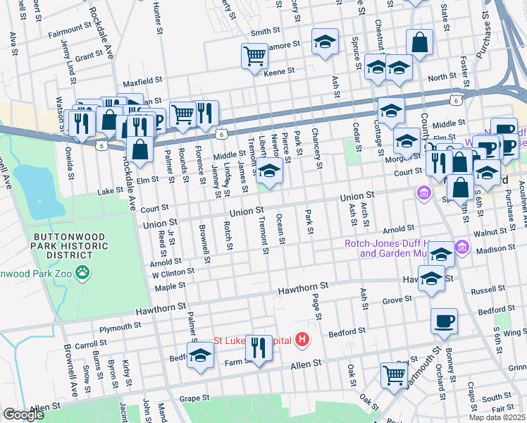 map of restaurants, bars, coffee shops, grocery stores, and more near 524 Union Street in New Bedford