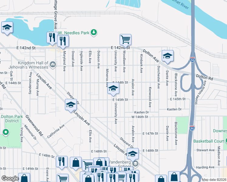 map of restaurants, bars, coffee shops, grocery stores, and more near 14428 University Avenue in Dolton