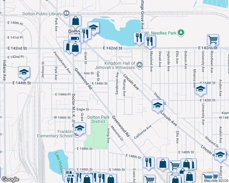 map of restaurants, bars, coffee shops, grocery stores, and more near 14429 Sanderson Avenue in Dolton
