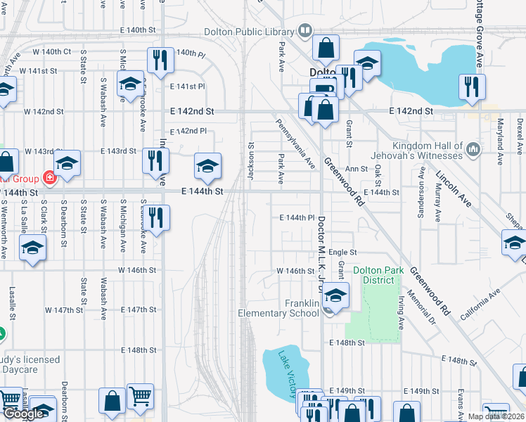 map of restaurants, bars, coffee shops, grocery stores, and more near 438 East 144th Place in Dolton